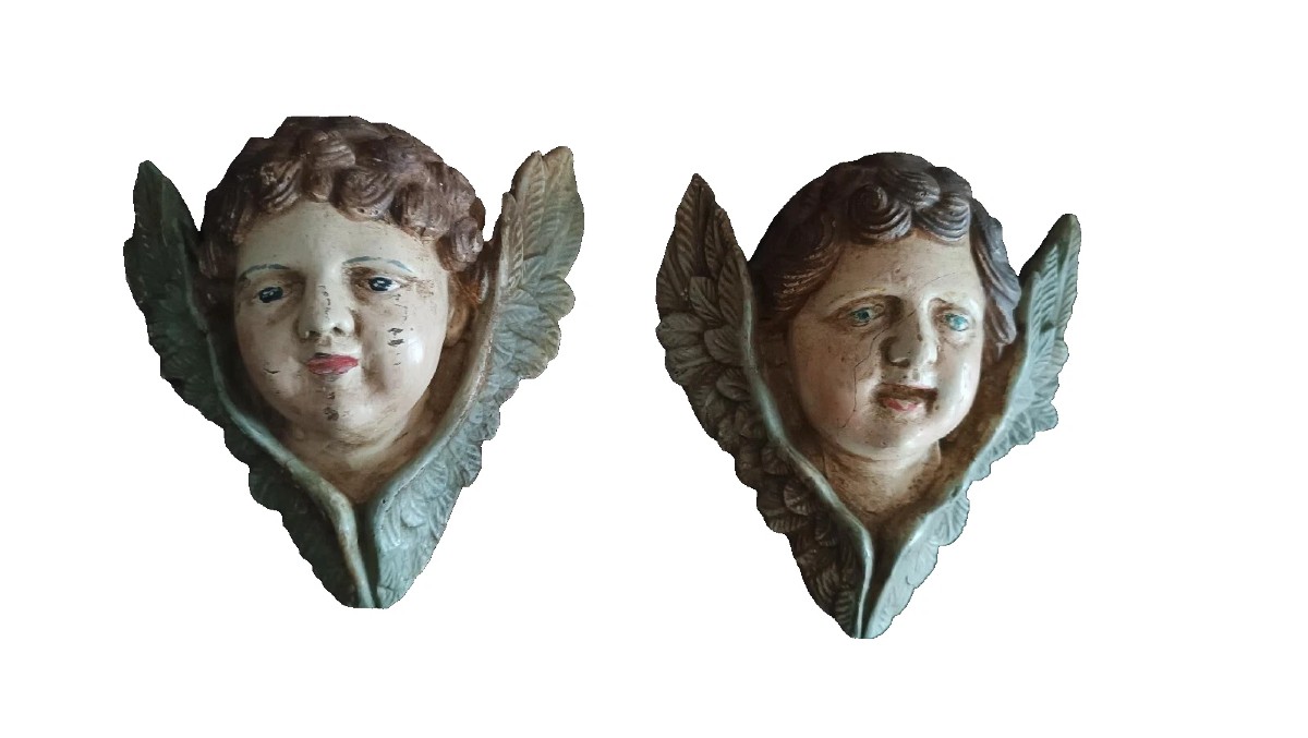Coppia di volti d'angelo in legno policromo FINE XIX SECOLO