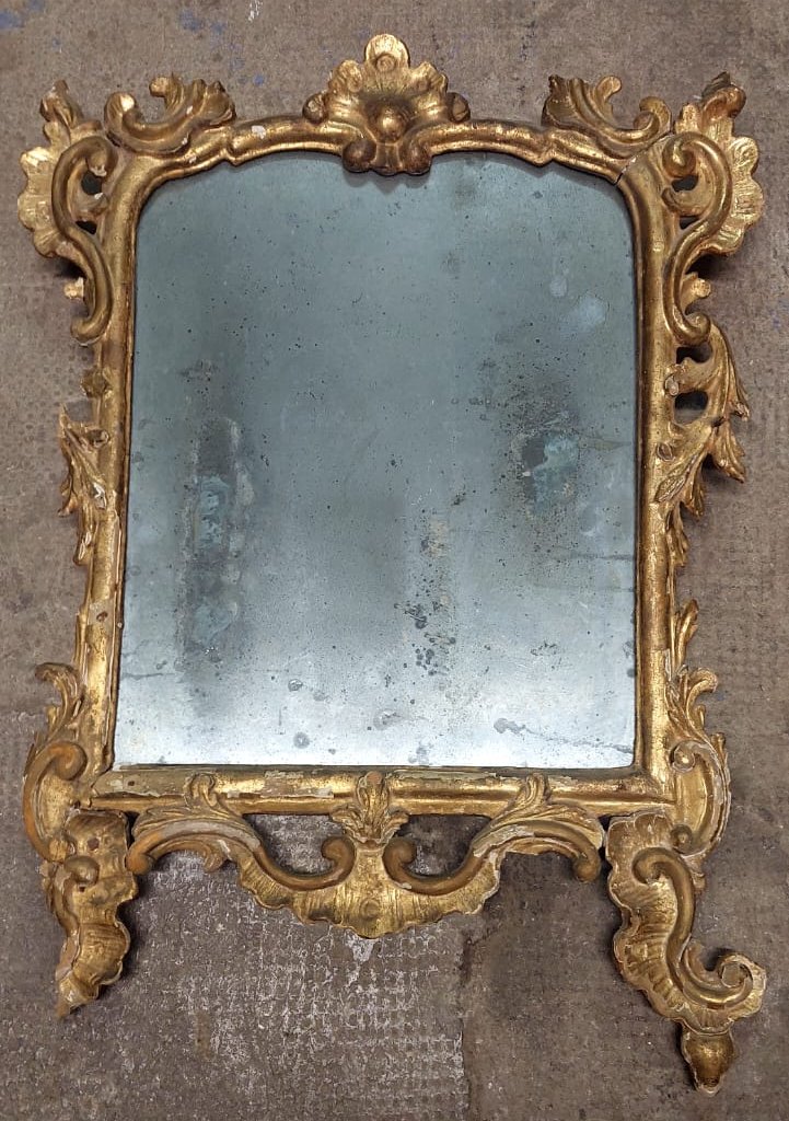 Antica Specchiera Legno  Barocca Originale Inizio XVIII secolo Dorata Intagliata-photo-2