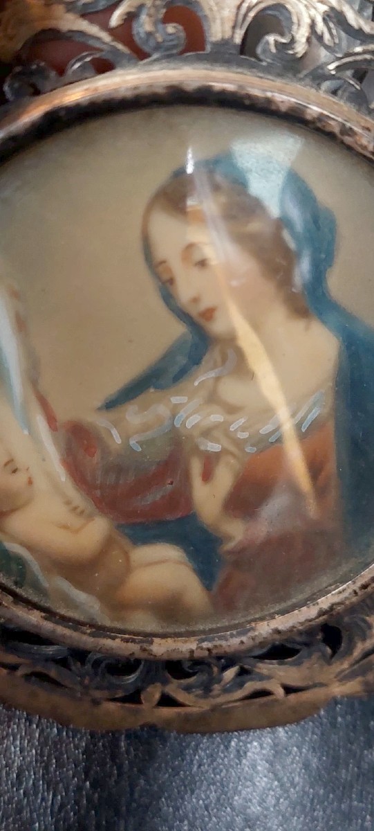 Miniatura ciondolo Dipinto Madonna Con Bambino  Cornice Argento Traforato-photo-2
