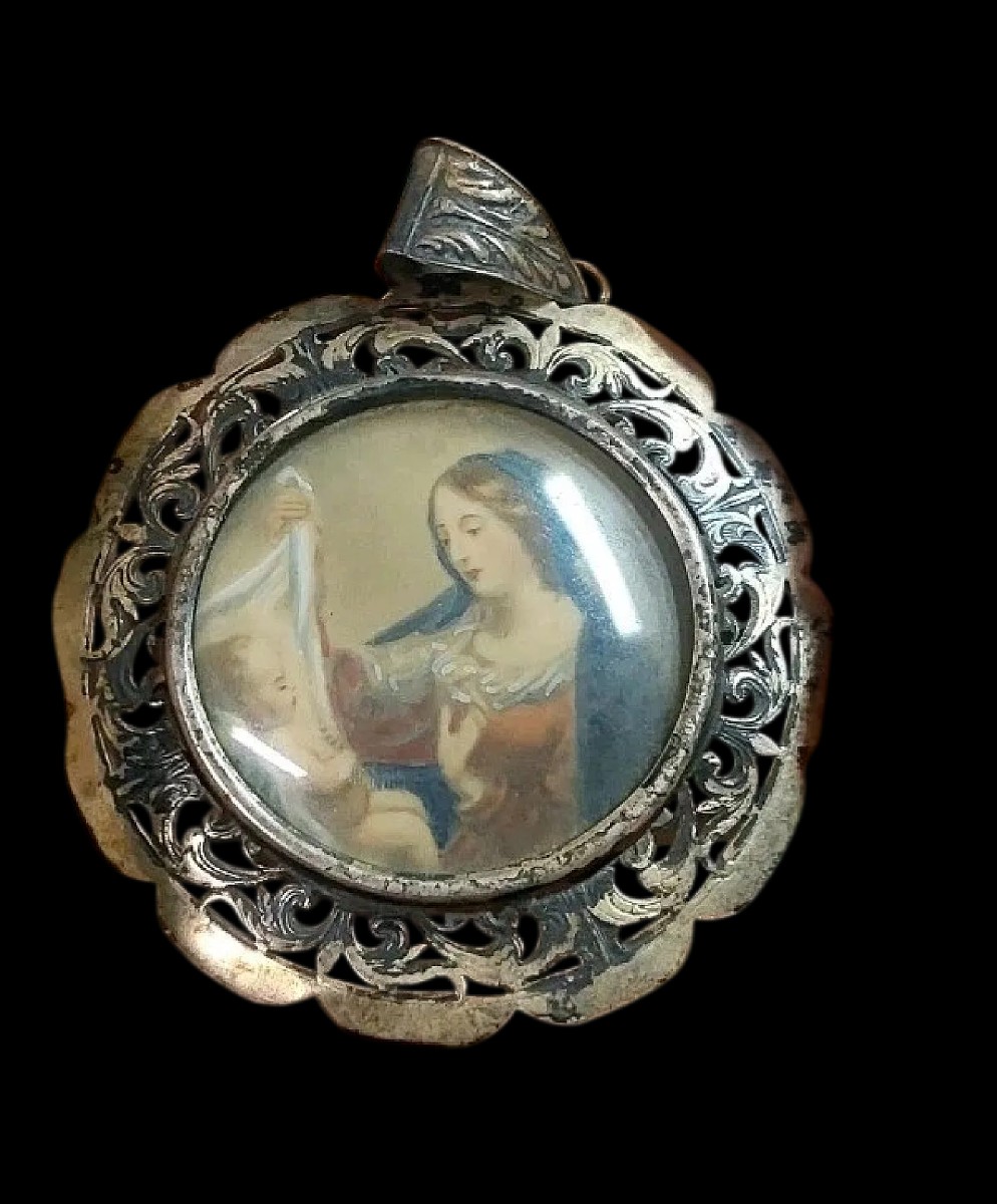 Miniatura ciondolo Dipinto Madonna Con Bambino  Cornice Argento Traforato