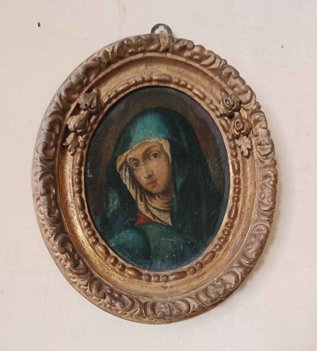 Antico dipinto ovale cornice antica ,volto Madonna