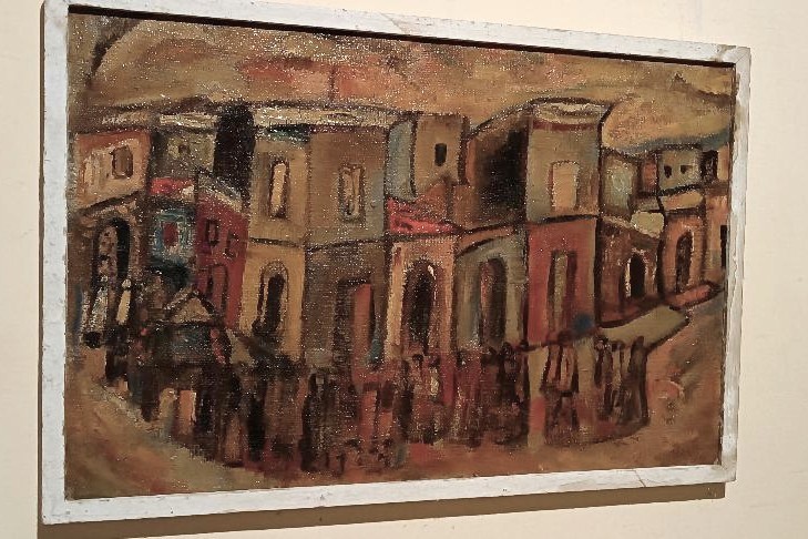 Olio su tela "Funerali a Siracusa" di FERRUCCIO FERRI - Mostra Golfo di La Spezia, anni '40