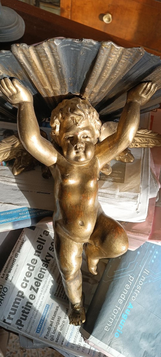 Mensola antica  angelo in legno dorato fine 700 , manifattura italiana-photo-2