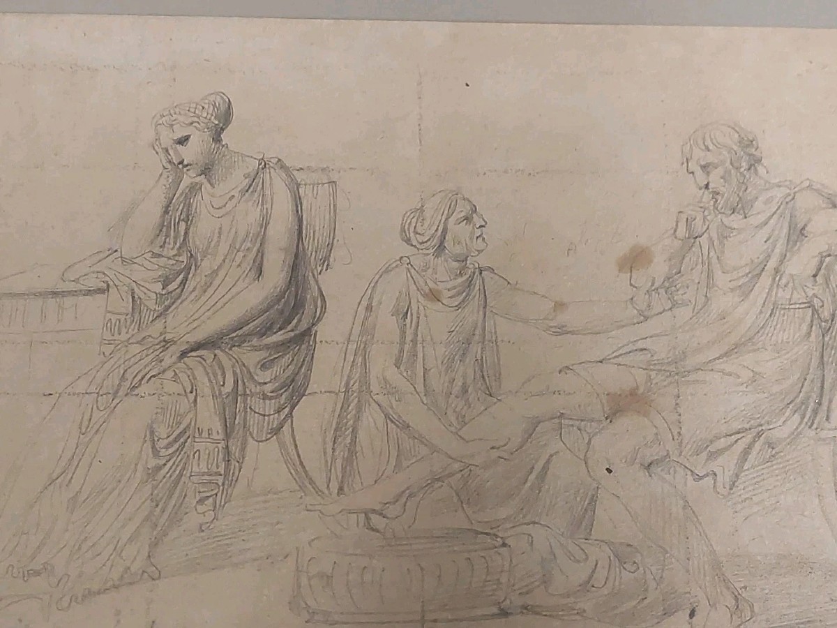 Antico disegno a matita su carta , bozzetto Firmato XIX secolo-photo-2