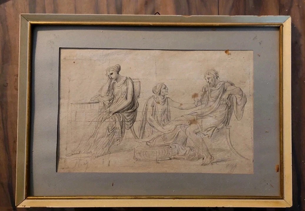 Antico disegno a matita su carta , bozzetto Firmato XIX secolo