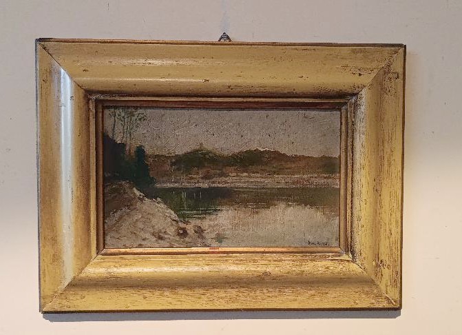 DIPINTO ANTICO OLIO SU TAVOLETTA INIZI 900 -PAESAGGIO LAGO -FIRMATO GRECO-photo-2