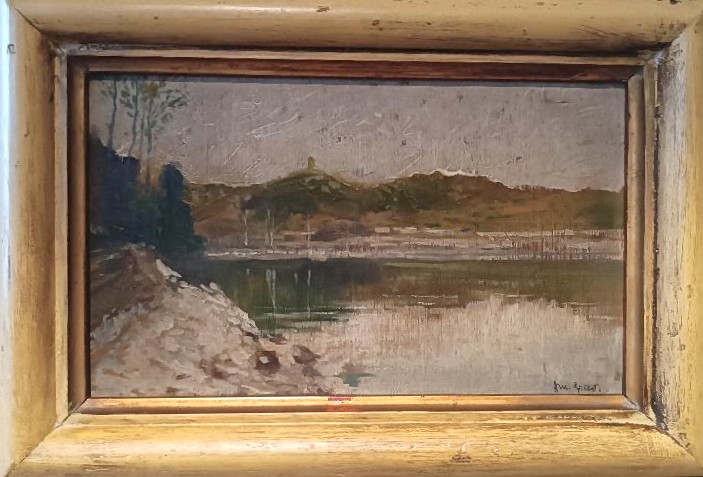 DIPINTO ANTICO OLIO SU TAVOLETTA INIZI 900 -PAESAGGIO LAGO -FIRMATO GRECO-photo-4