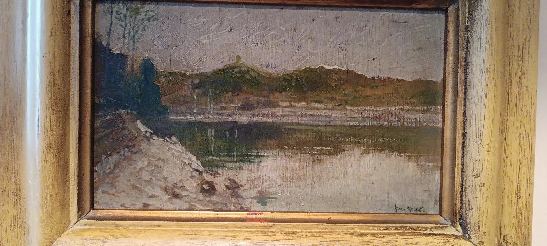 DIPINTO ANTICO OLIO SU TAVOLETTA INIZI 900 -PAESAGGIO LAGO -FIRMATO GRECO-photo-2