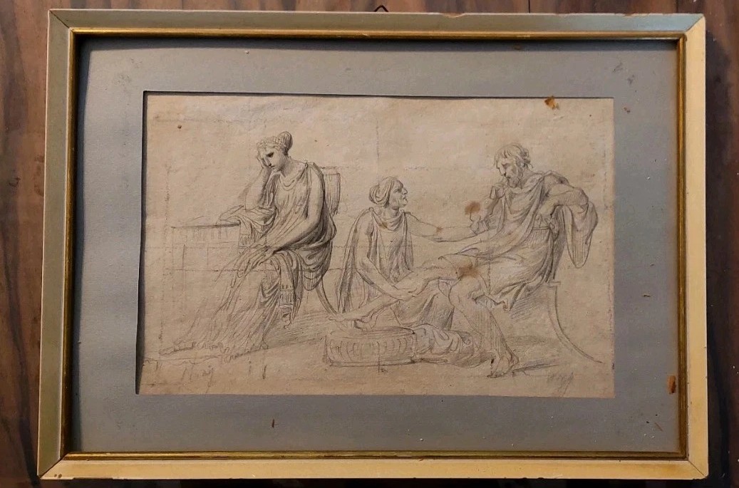 Antico disegno a matita su carta vergellata bozzetto Firmato XVIII secolo