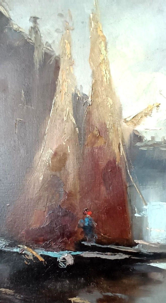 DIPINTO ANTICO OLIO SU TAVOLA FINE XIX secolo -Barche -firmato-Cornice antica-photo-3