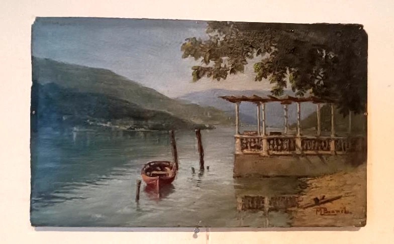 DIPINTO ANTICO OLIO SU CARTONCINO INIZI 900 -PAESAGGIO LAGO -FIRMATO M.BIANCHI-photo-2
