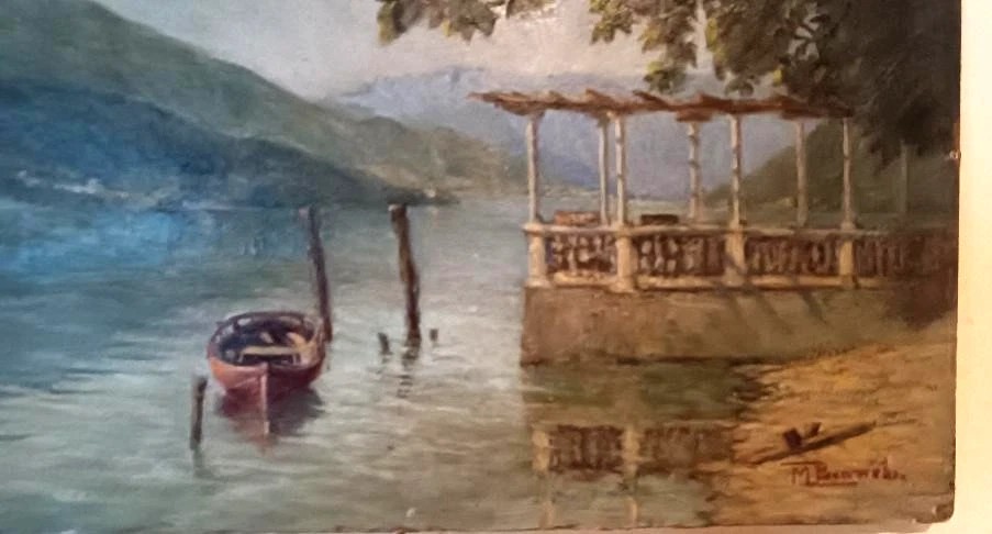 DIPINTO ANTICO OLIO SU CARTONCINO INIZI 900 -PAESAGGIO LAGO -FIRMATO M.BIANCHI-photo-3