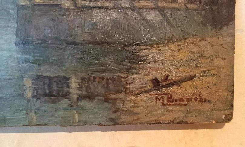 DIPINTO ANTICO OLIO SU CARTONCINO INIZI 900 -PAESAGGIO LAGO -FIRMATO M.BIANCHI-photo-4