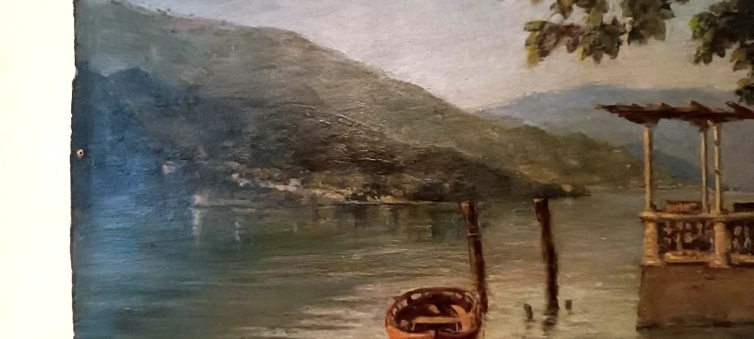 DIPINTO ANTICO OLIO SU CARTONCINO INIZI 900 -PAESAGGIO LAGO -FIRMATO M.BIANCHI-photo-2