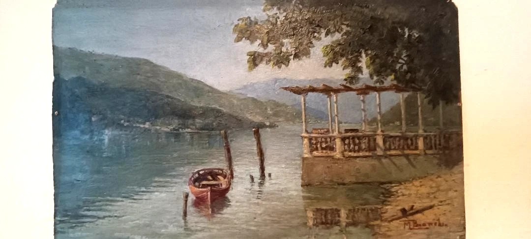 DIPINTO ANTICO OLIO SU CARTONCINO INIZI 900 -PAESAGGIO LAGO -FIRMATO M.BIANCHI-photo-3