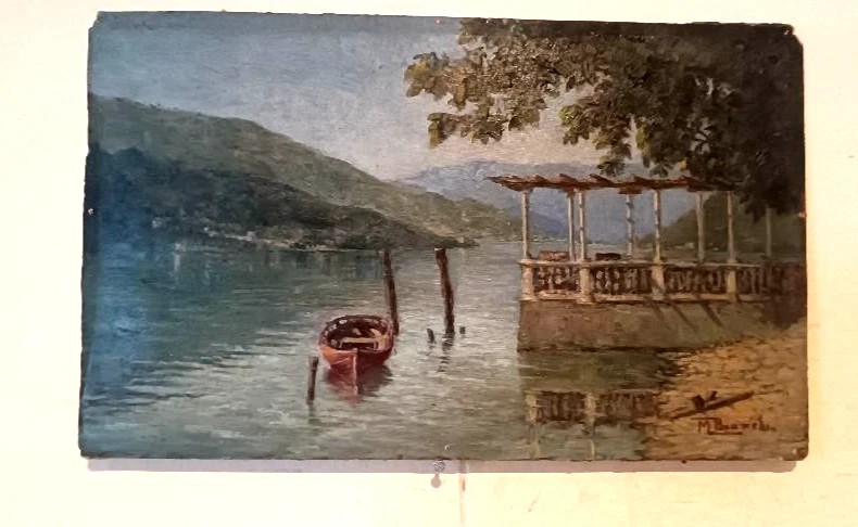 DIPINTO ANTICO OLIO SU CARTONCINO INIZI 900 -PAESAGGIO LAGO -FIRMATO M.BIANCHI