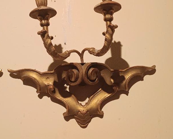Antica coppia di applique in legno dorato XIX secolo-photo-3