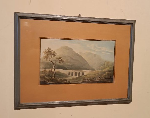 Antico acquerello su carta primi 800 - paesaggio con acquedotto,acquedotto  ponte