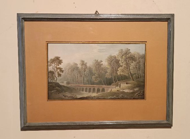Antico acquerello su carta primi 800 - paesaggio con acquedotto,acquedotto  ponte