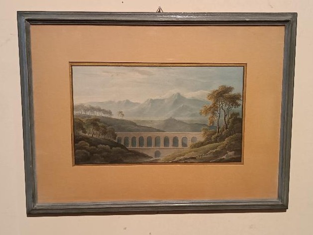 Antico acquerello su carta primi 800 - paesaggio con acquedotto,acquedotto  ponte