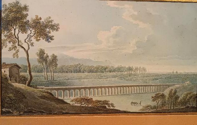 Antico acquerello su carta primi 800 - paesaggio con acquedotto,acquedotto  ponte-photo-1