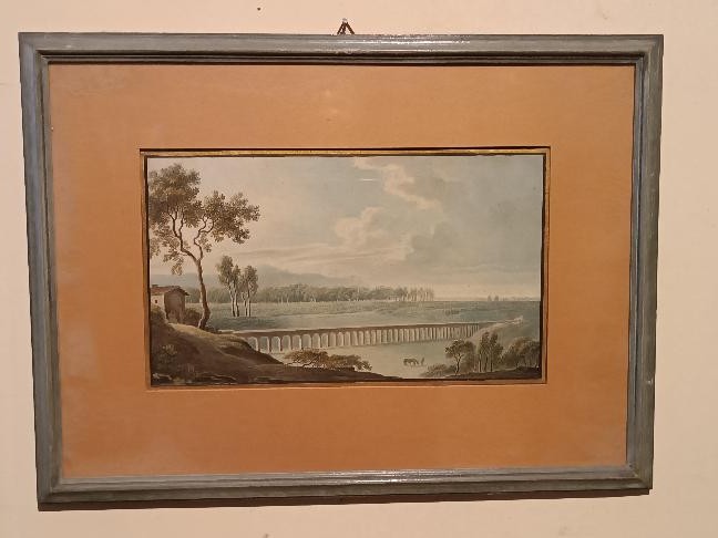Antico acquerello su carta primi 800 - paesaggio con acquedotto,acquedotto  ponte