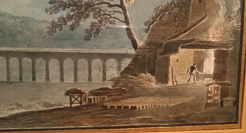Antico acquerello su carta primi 800 - paesaggio con acquedotto,  ponte-photo-3