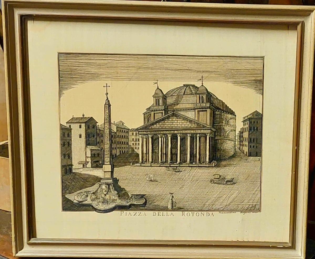 ricamo a filo su seta del XIX secolo , Pantheon a Roma 1881