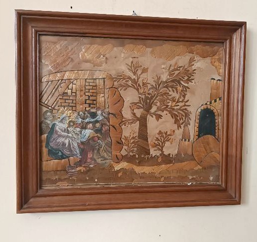 Intaglio in paglia XIX secolo visitazione dei magi manifattura monacale italiana-photo-2