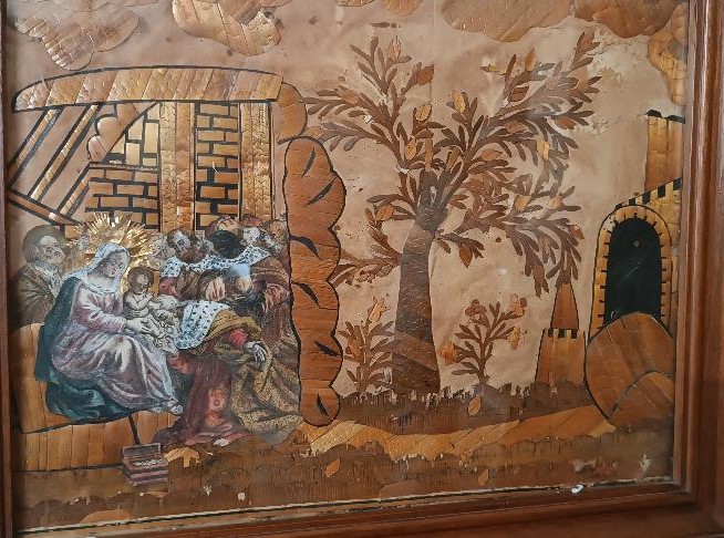 Intaglio in paglia XIX secolo visitazione dei magi manifattura monacale italiana-photo-4