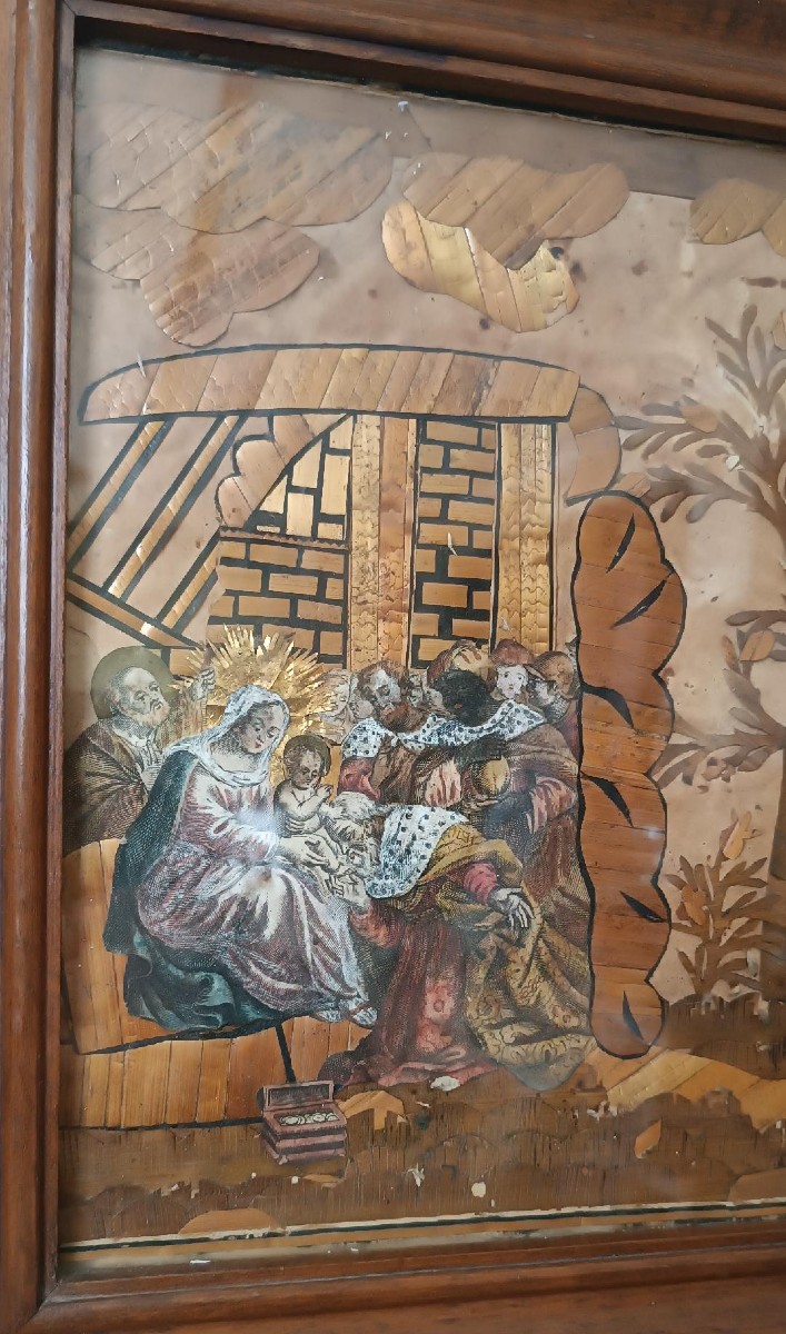 Intaglio in paglia XIX secolo visitazione dei magi manifattura monacale italiana-photo-1