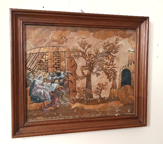 Intaglio in paglia XIX secolo visitazione dei magi manifattura monacale italiana