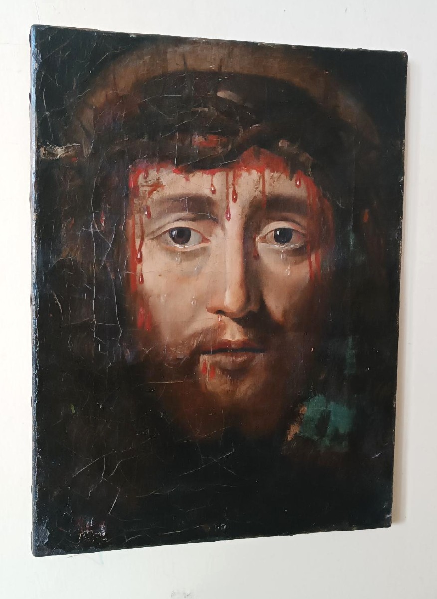 Antico olio su tela " il volto santo di Gesu' Cristo" Ecce Homo-photo-3