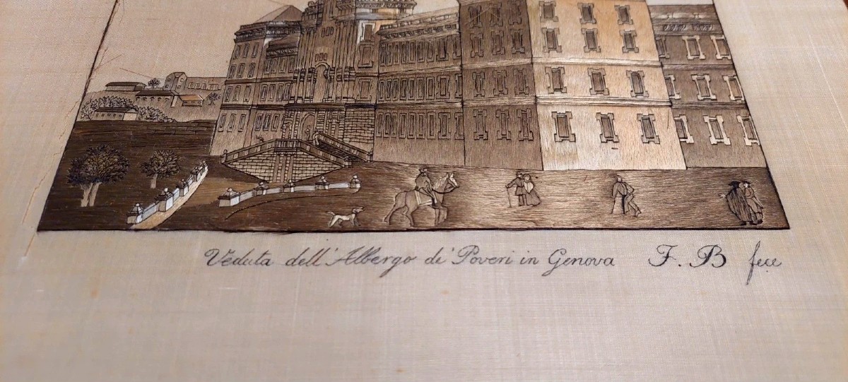 Antico ricamo a filo su seta del XIX secolo , Albergo Dei Poveri. Genova-photo-1