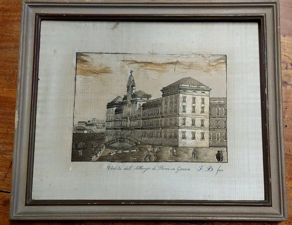 Antico ricamo a filo su seta del XIX secolo , Albergo Dei Poveri. Genova