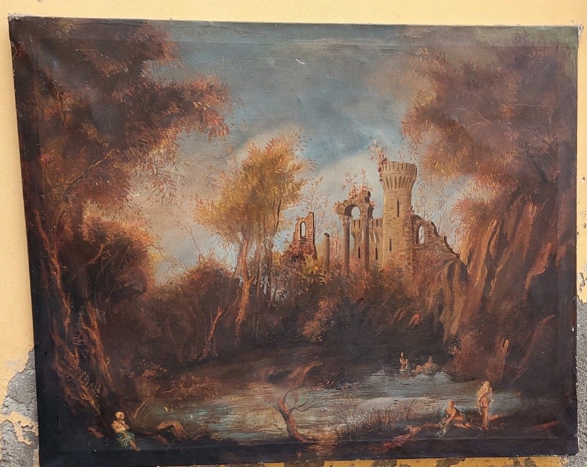 ANTICO DIPINTO OLIO TELA PAESAGGIO CON RUDERI E PERSONAGGI 121x98 CM-photo-2