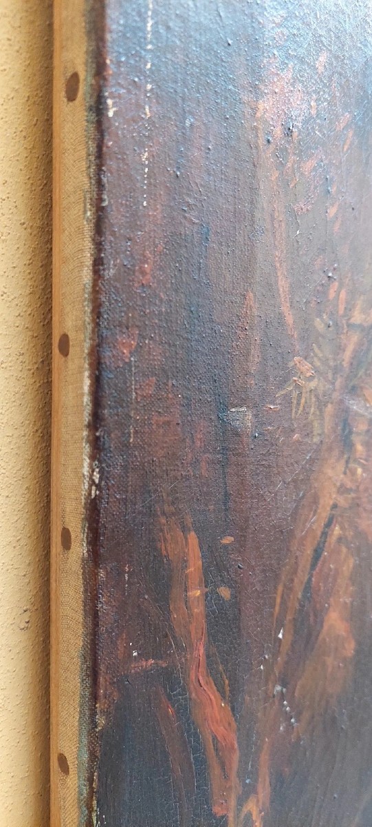 ANTICO DIPINTO OLIO TELA PAESAGGIO CON RUDERI E PERSONAGGI 121x98 CM-photo-3