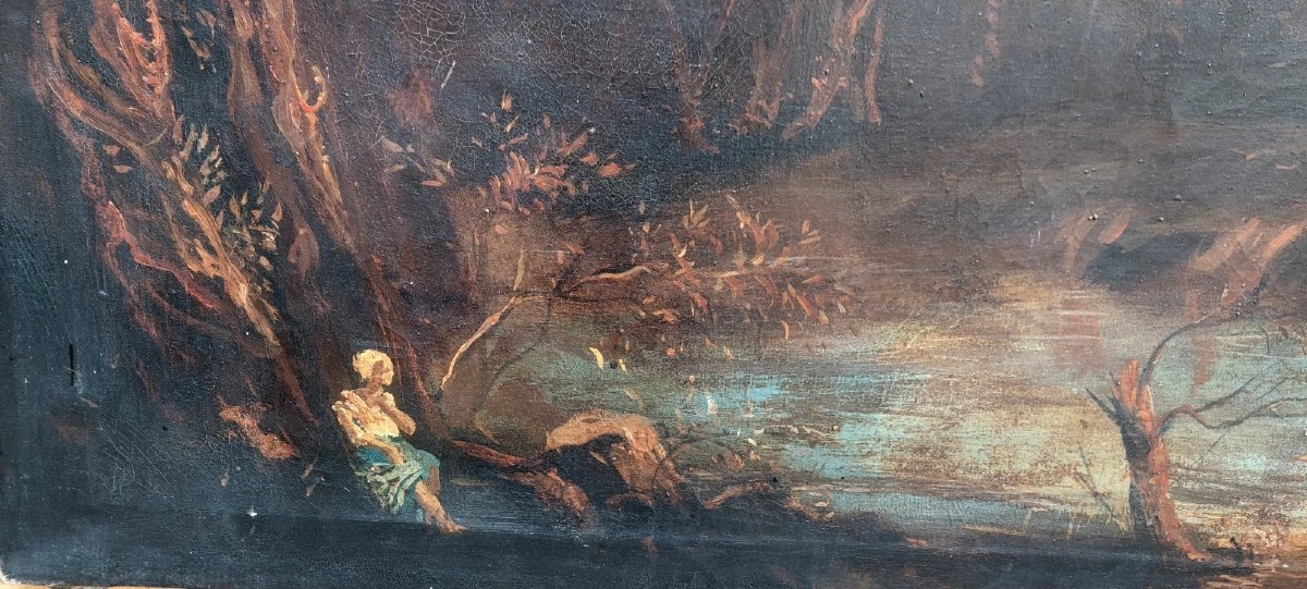 ANTICO DIPINTO OLIO TELA PAESAGGIO CON RUDERI E PERSONAGGI 121x98 CM-photo-4