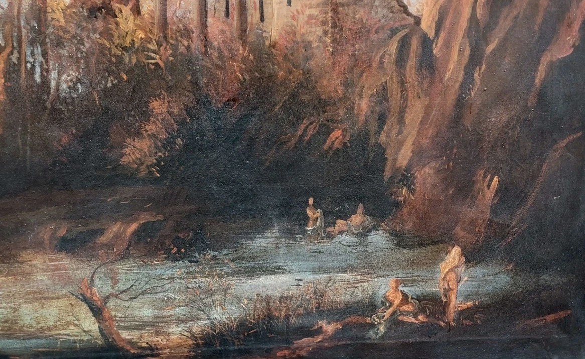 ANTICO DIPINTO OLIO TELA PAESAGGIO CON RUDERI E PERSONAGGI 121x98 CM-photo-1