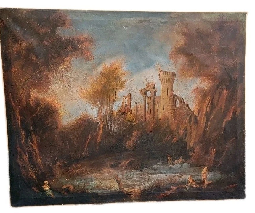 ANTICO DIPINTO OLIO TELA PAESAGGIO CON RUDERI E PERSONAGGI 121x98 CM