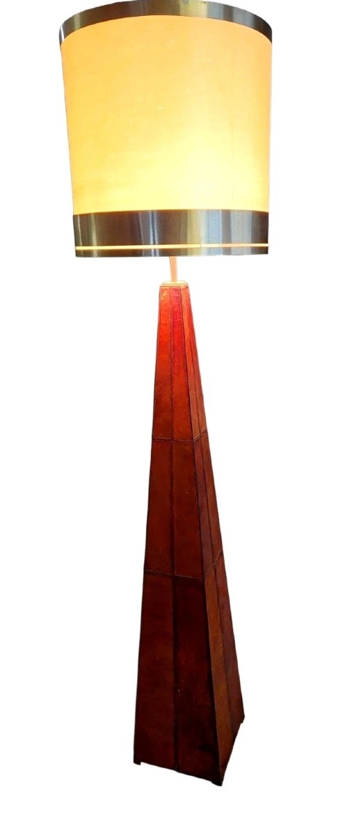 Piantana Design Vintage lampada a obelisco in cuoio stile Hollywood Regency anni 70-photo-2