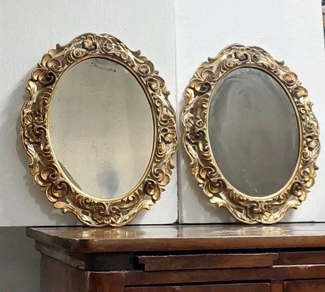 Coppia Specchiere Cornici Ovali Fiorentine Legno Intagliate Barocche-photo-3
