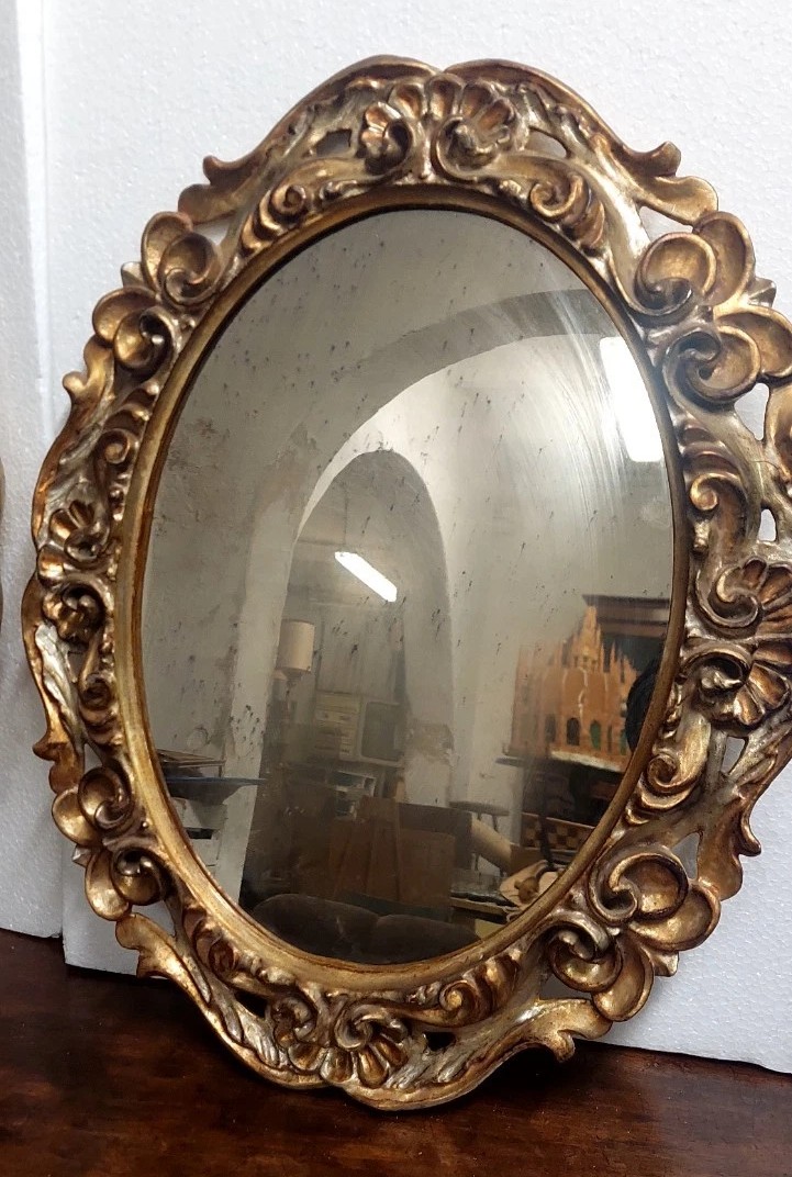 Coppia Specchiere Cornici Ovali Fiorentine Legno Intagliate Barocche-photo-4