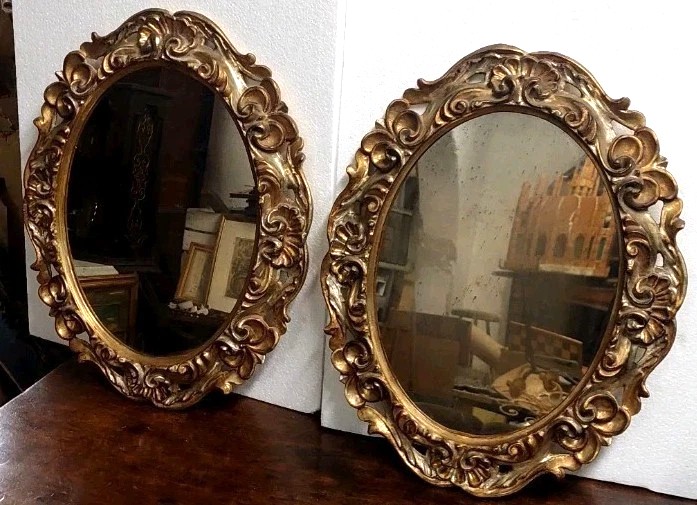 Coppia Specchiere Cornici Ovali Fiorentine Legno Intagliate Barocche-photo-1