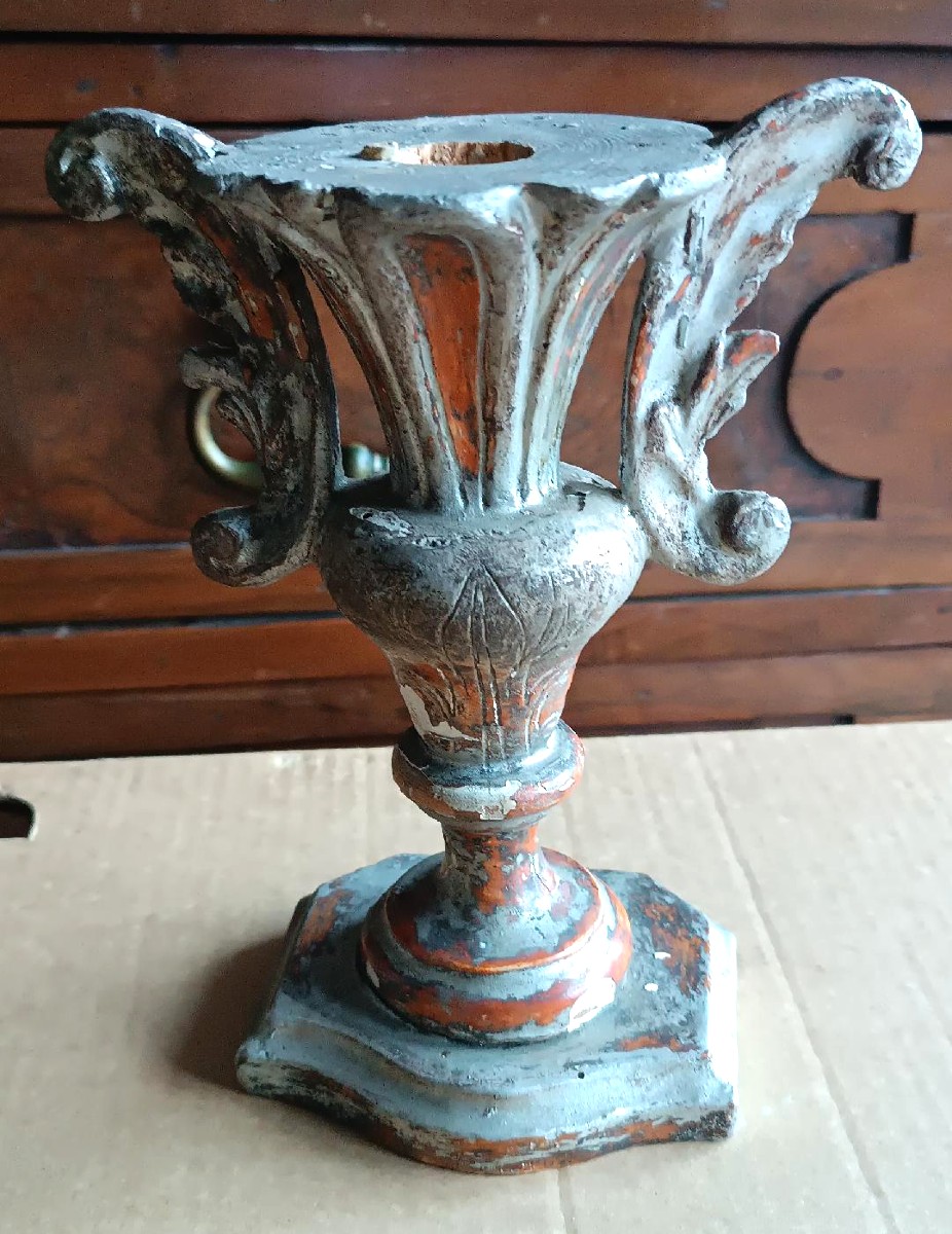 Antica coppia di candelieri portapalme - in legno argentato-photo-3