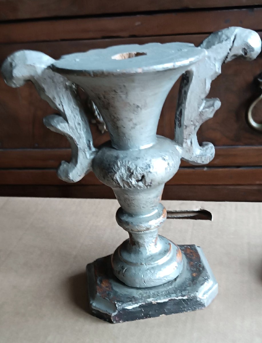 Antica coppia di candelieri portapalme - in legno argentato-photo-1