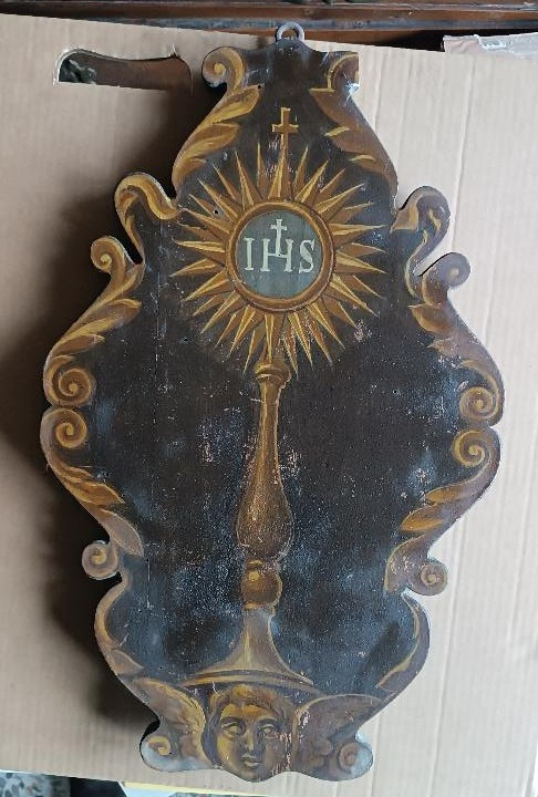 Antica tavola dipinta raffigurante SIMBOLO RELIGIOSO IHS-photo-2