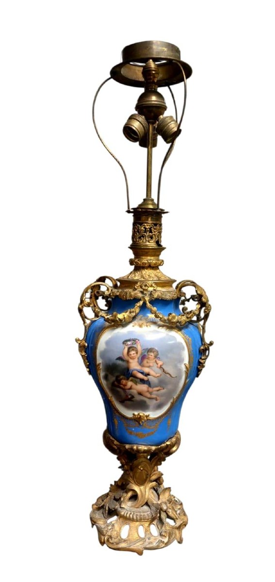 Grande lampada porcellana sevres e bronzo dorato al mercurio -Francia XIX secolo