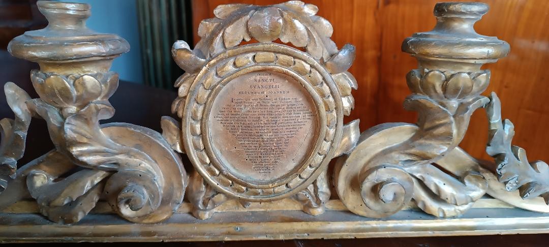 Antico portacandele con cartagloria in legno dorato XVIII secolo-photo-2