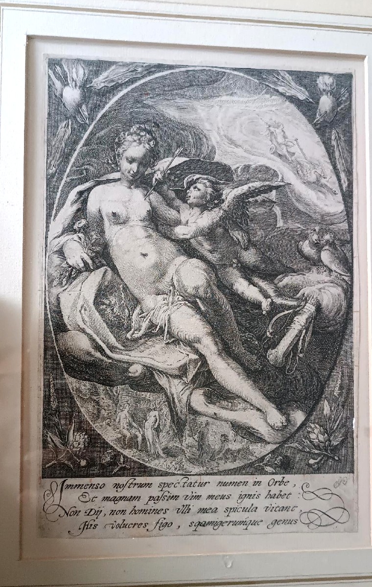 incisione a bulino . -Hendrik Goltzius (1558-1617) VENERE E CUPIDO-photo-3